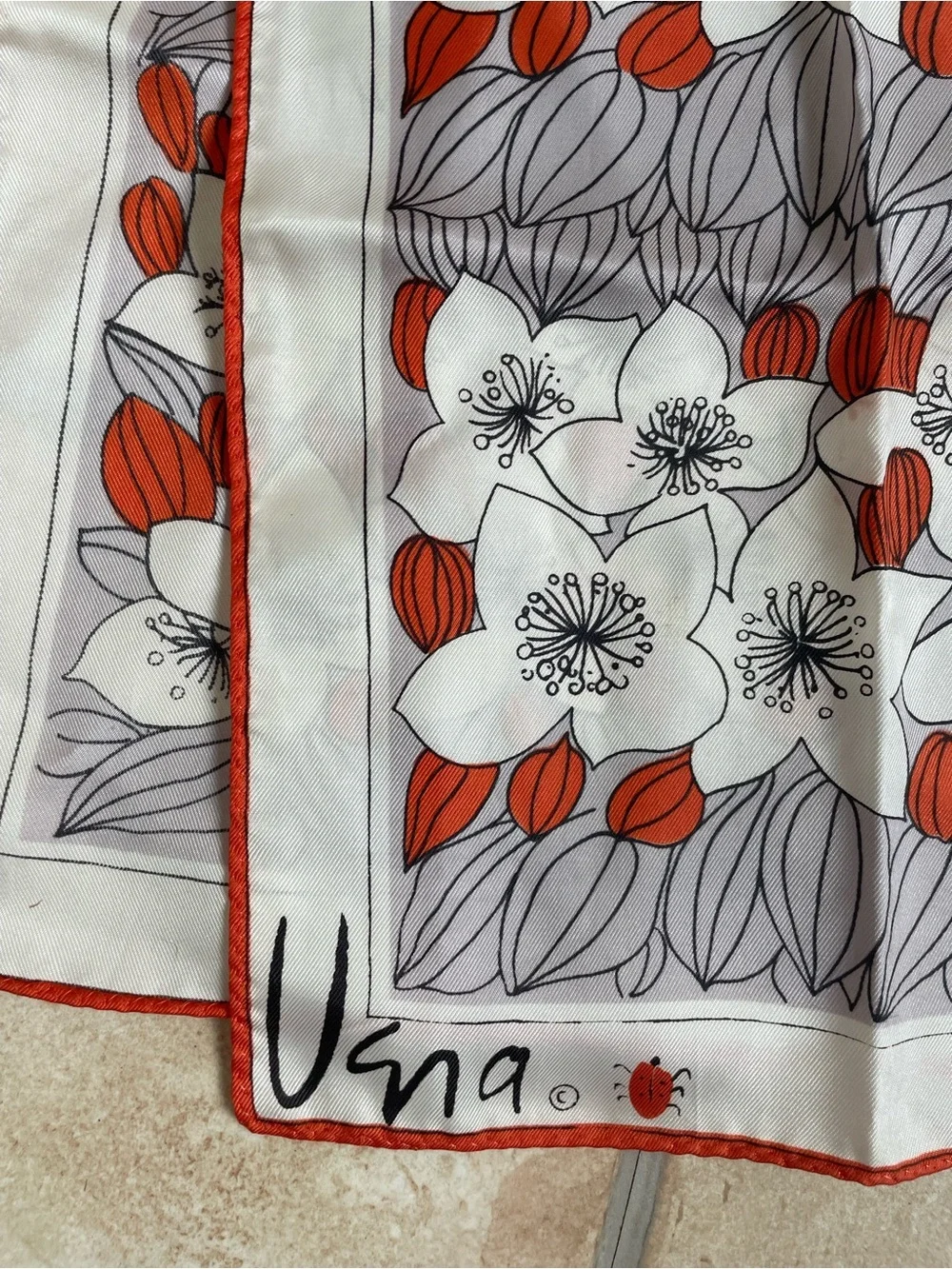 Vintage 60s Vera Nuemann red white gray abstract floral print scarf 100% acetate